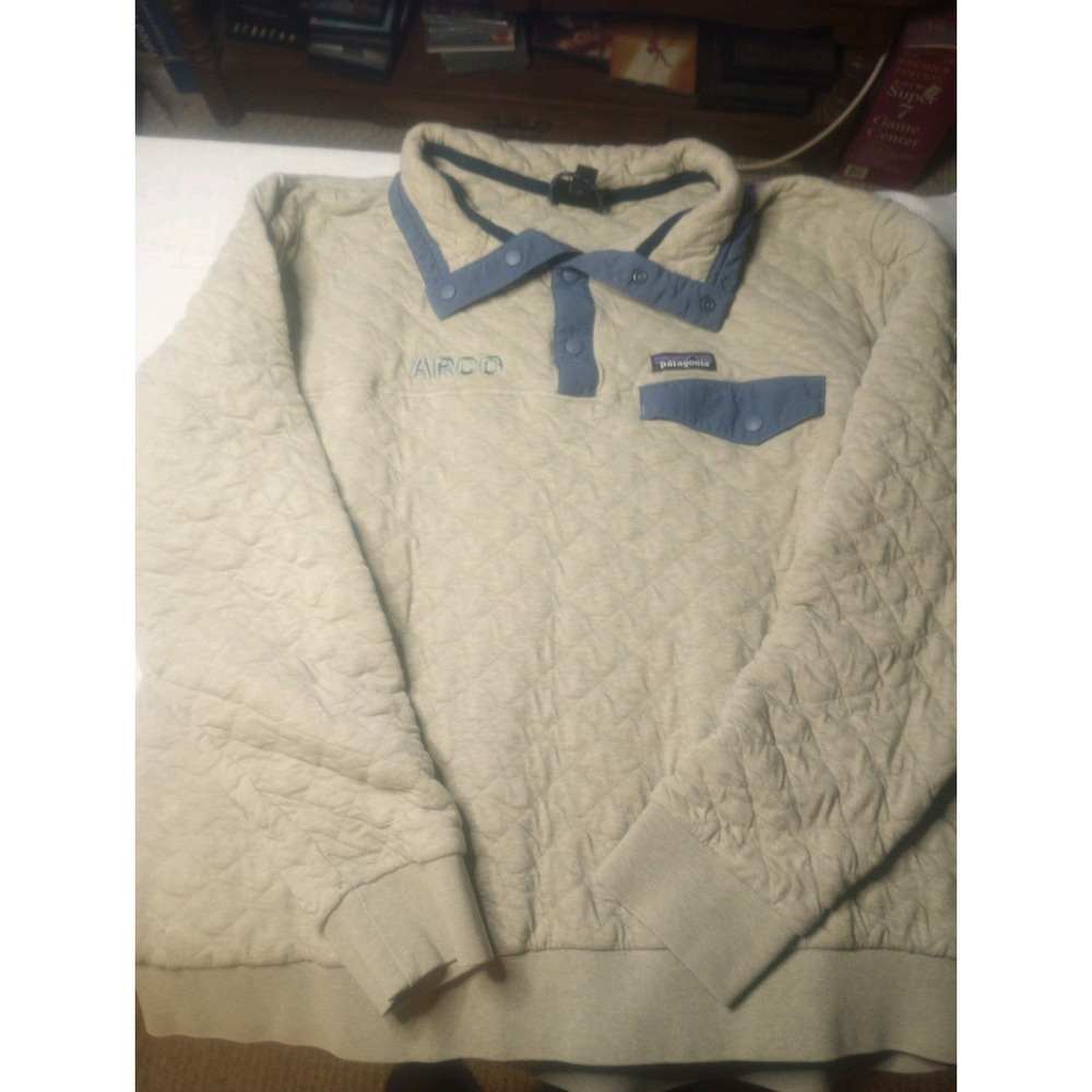 Patagonia Organic Cotton 1/4 Snap Beige Navy Arco‎ Embroidered XL Quilted